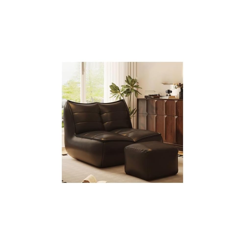 PU Lounge Chair American Luxury Home Furnishings Lying Down Sleeping Leisure Retro Caterpillar Lazy Sofa 110° Ergonomic Floor Recliner Single Seat Beanbag for Living Room Bedroom （with Footstool）