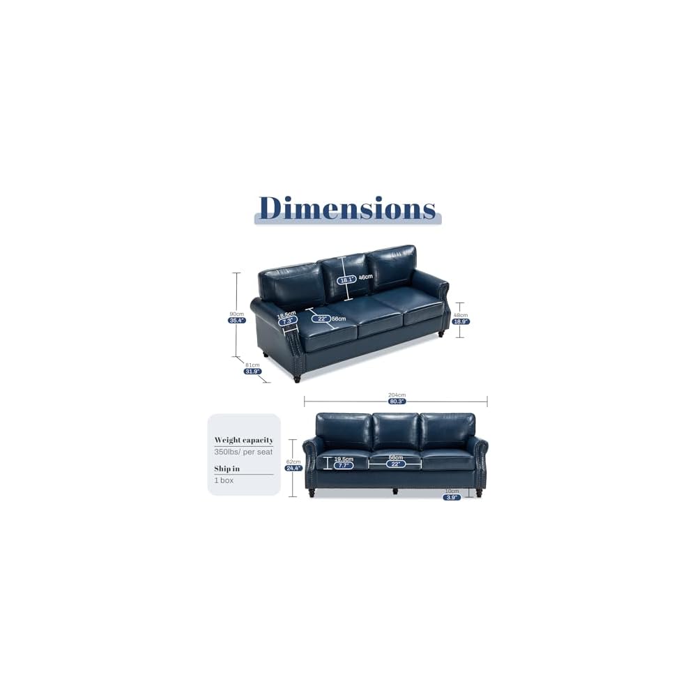 Faux Leather Sofa, Mid Century Modern Couch with Rolled Arm & Nailhead Trim for Living Room, Office - Blue