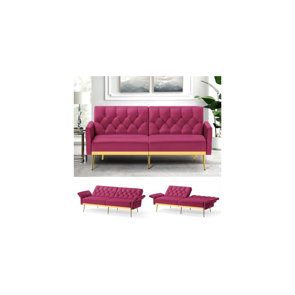 Velvet Sofa Bed w/Adjustable Armrests & Backrests, Fuchsia