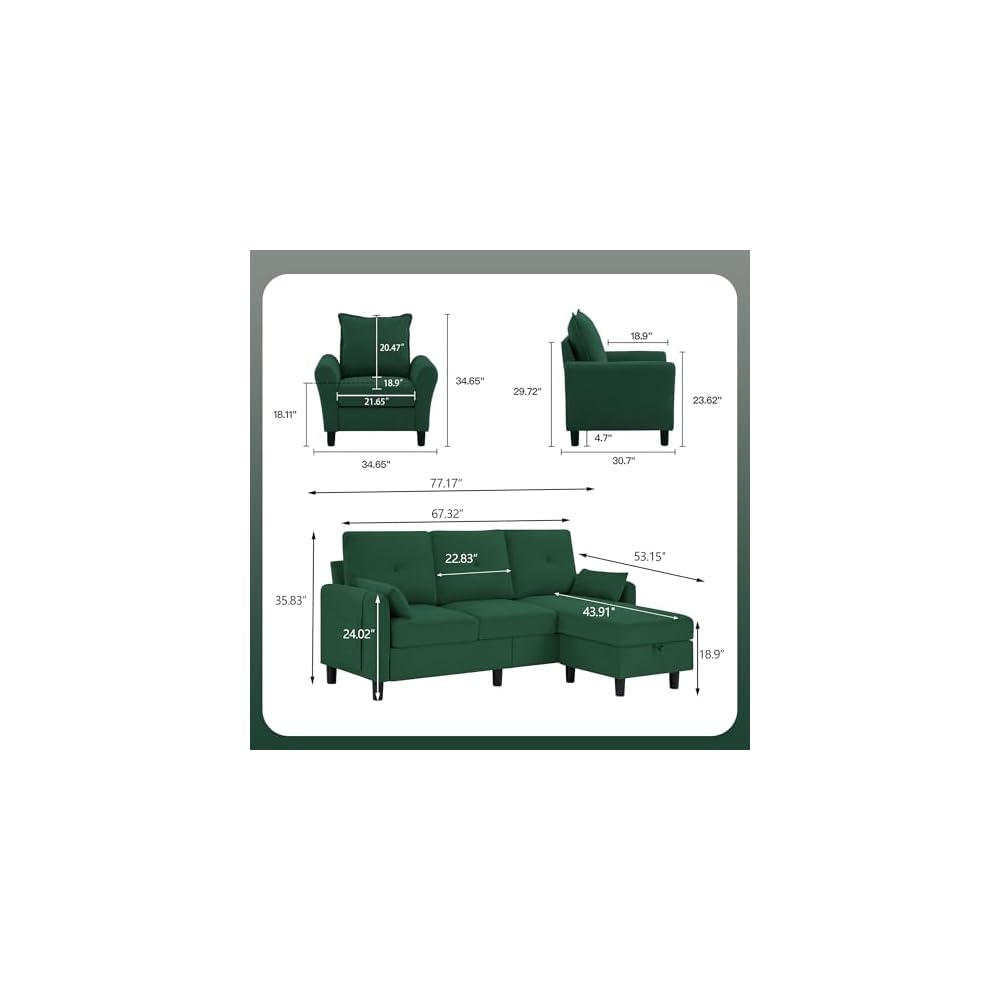 2 PCS Sectional Sofa Set, Convertible Sofa and Accent Chair, Small 3 Seat L Shaped Couch with Storage Ottoman and Side Pockets, Modern Couch for Living Room, Office, Apartment, Green