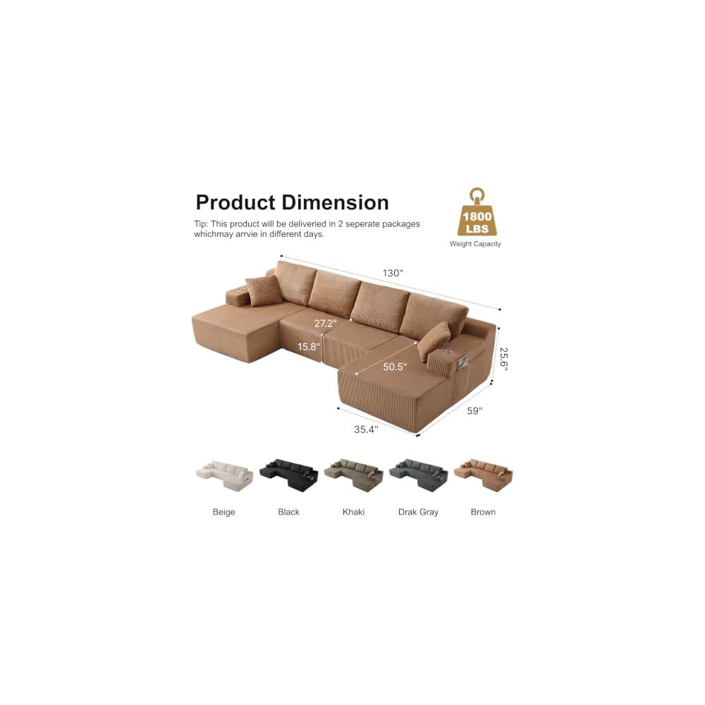 130-Inch Oversized U-Shaped Modular Cloud Sectional Sofa Symmetrical Boneless Corner Sofa Couch Deep Seat Double Chaises W/Cupholders, Modern Modular Compressed Cloud Couch
