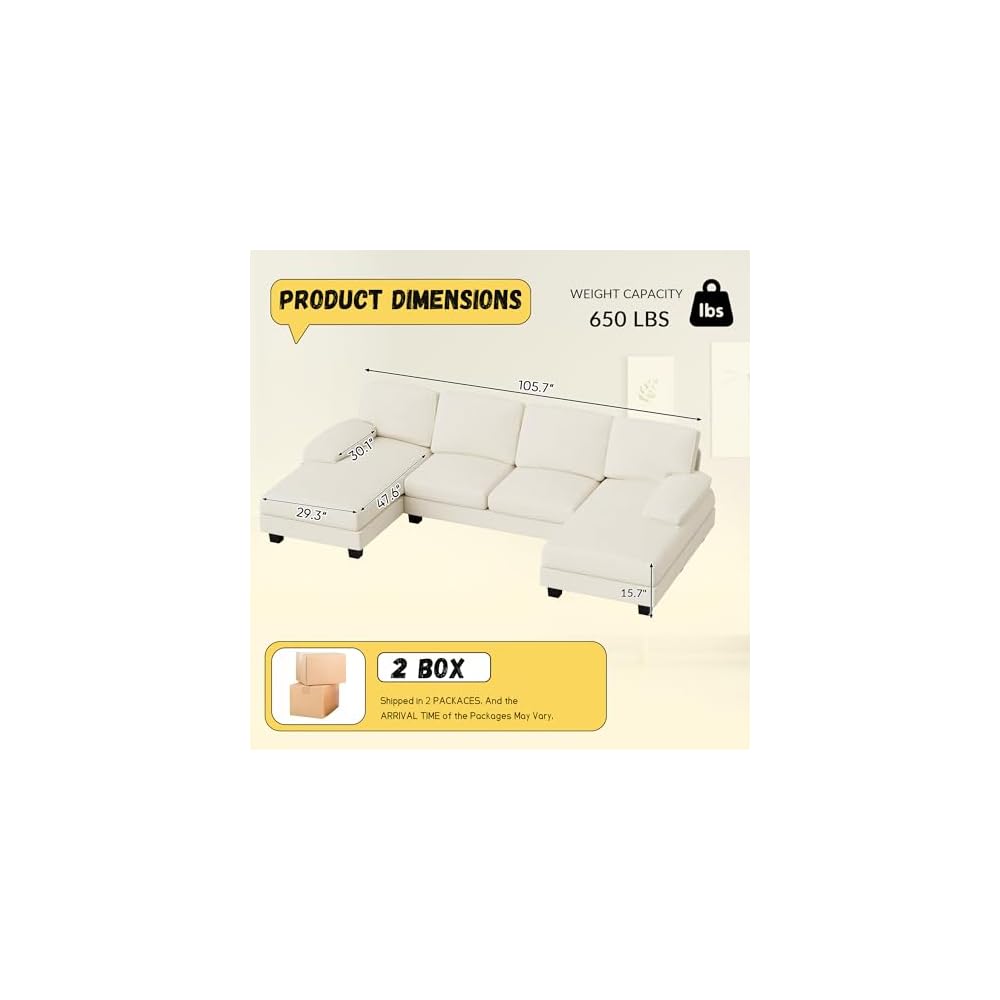 Sectional Couches for Living Room, U Shaped Couch with Chenille Fabric, 4 Seat Modern Sofa with Removable Pillows for Apartment and Small Space (Fabric, White)