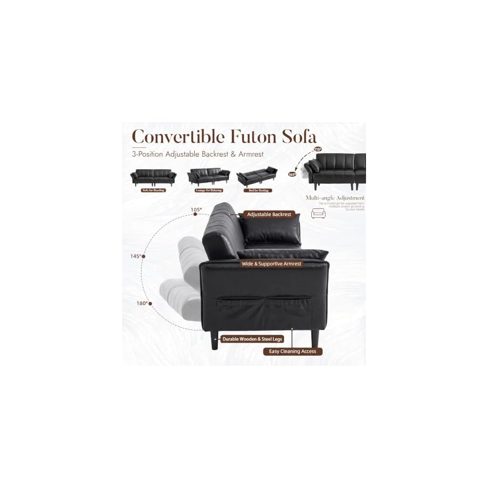 83" Faux Leather Futon Sofa Bed,Convertible 3-Seater Leather Couch(Black)