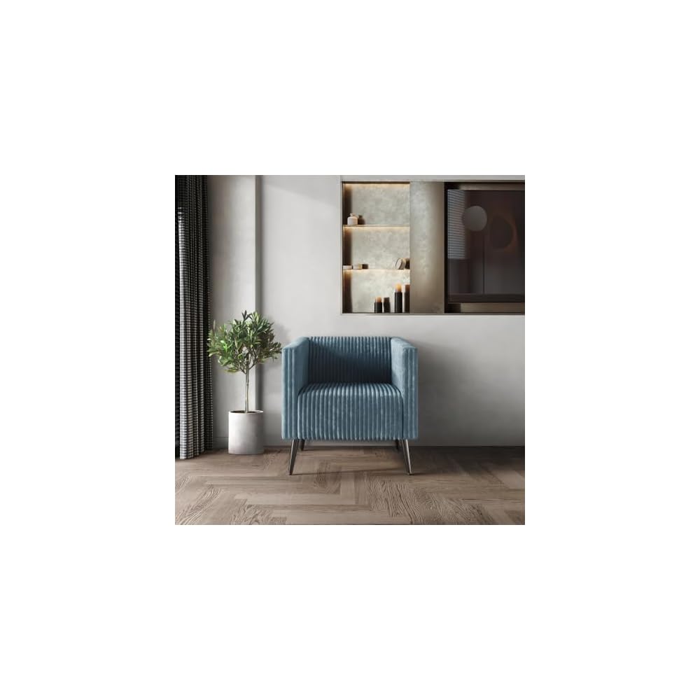 Modern Velvet Armchair with Vertical Channel Back, Padded Arms and Metal Legs, Light Blue