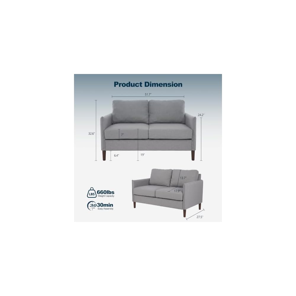 52 in Loveseat Sofa (2 Sets)- Small Couch, Light Grey