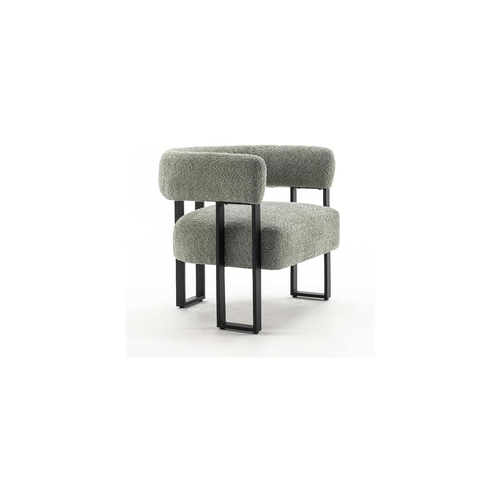 Accent Chair Grey Upholstered Teddy Velvet Single Sofa Modern Corner Round Padded Armrest Club Boucle Armchair for Living Room Bedroom Office Hotel Lounge Nursery Apartment Black Metal Stand