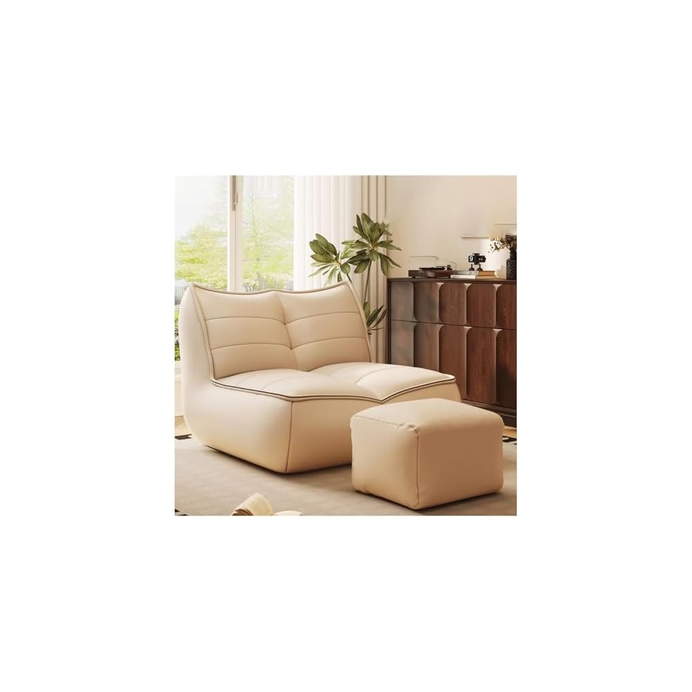PU Lounge Chair American Luxury Home Furnishings Lying Down Sleeping Leisure Retro Caterpillar Lazy Sofa 110° Ergonomic Floor Recliner Single Seat Beanbag for Living Room Bedroom （with Footstool）