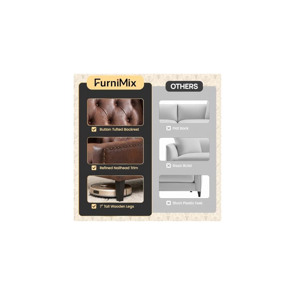 Chesterfield 3 Piece Living Room Set, 2 Tufted Accent Chairs& 3 Seat Leather Couch, Faux Leather Couch with Upholstered, Mid-Century Modern Couch Furniture for Living Room, Office, Brown