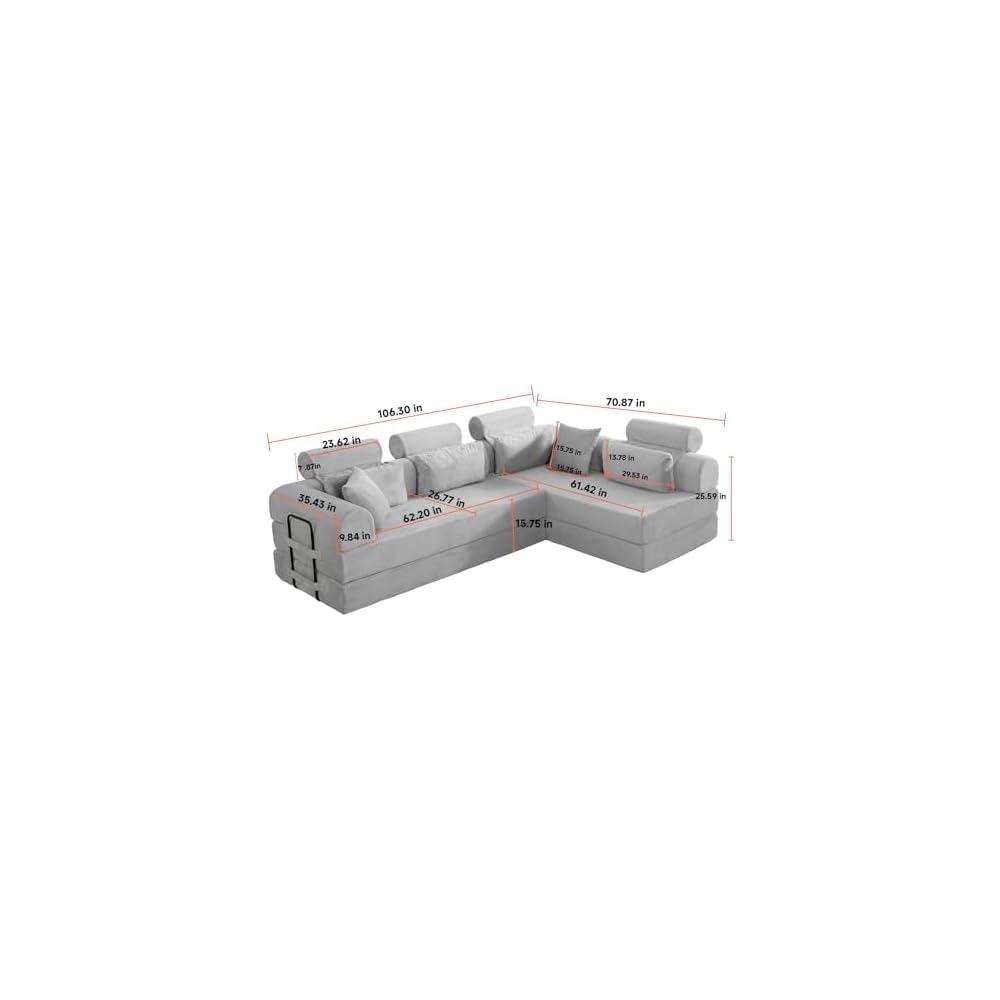 106" L-Shaped Boneless Cloud Sofa with Headrest Pillows and Toss Pillows, Modern Free Combination Modular Foam Sofa Foldable Floor Cloud Couches,No Assembly Required