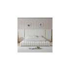 King Platform Bed, 96.5” x 146” x 60”, Velvet Upholstered in Cream, Winged Headboard with Vertical Piping, Low-Profile Design, Sturdy Frame, Luxurious Bedroom Centerpiece