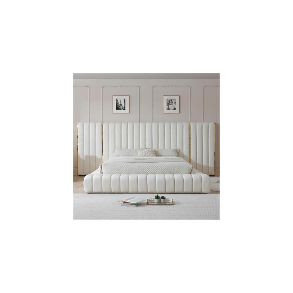 King Platform Bed, 96.5” x 146” x 60”, Velvet Upholstered in Cream, Winged Headboard with Vertical Piping, Low-Profile Design, Sturdy Frame, Luxurious Bedroom Centerpiece
