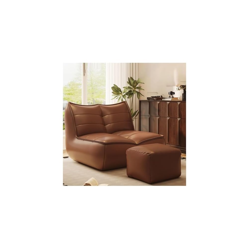 PU Lounge Chair American Luxury Home Furnishings Lying Down Sleeping Leisure Retro Caterpillar Lazy Sofa 110° Ergonomic Floor Recliner Single Seat Beanbag for Living Room Bedroom （with Footstool）
