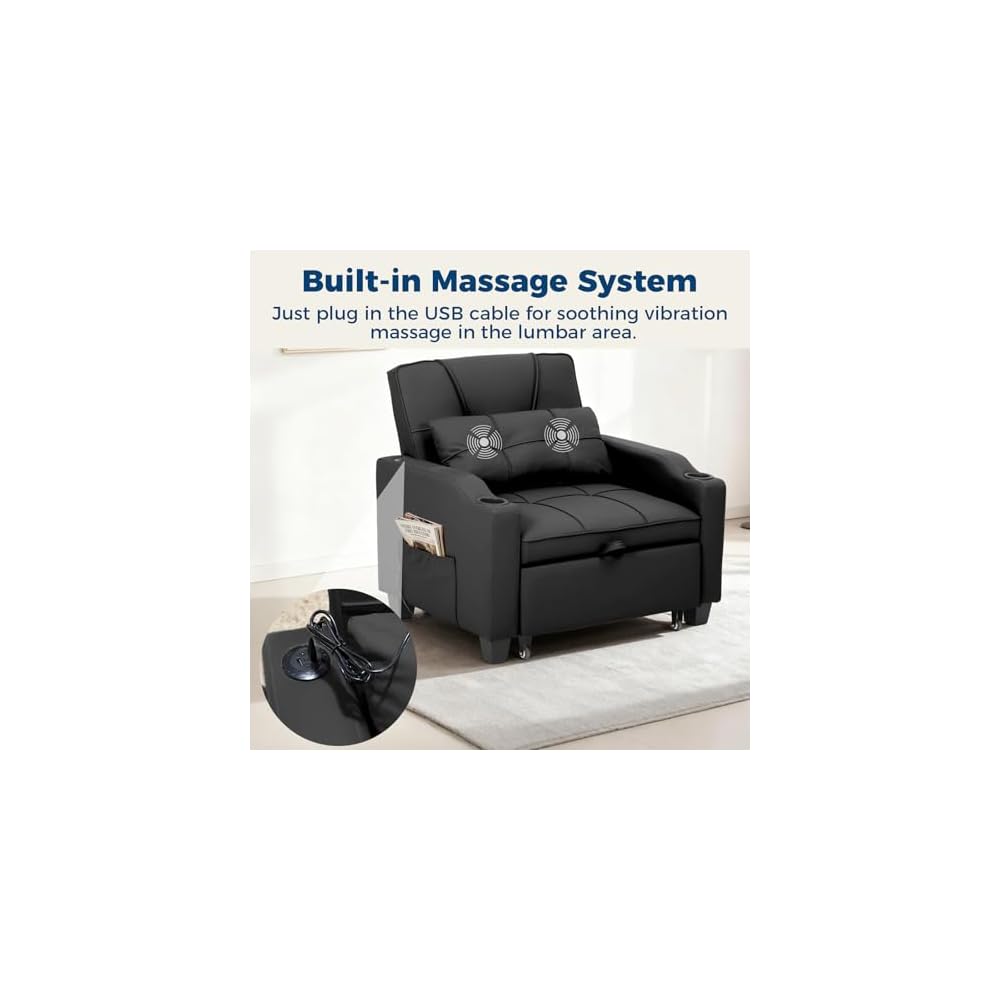 4 in 1 Convertible Sleeper Chair Bed with Vibration Massage Lumbar Pillow, Single Sofa Recliner Featuring USB/Type-C Port, Cup Holders & Side Pocket, Space-Saving Pull Out Bed for Small Spaces, Black