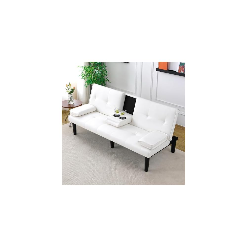 Futon Sofa Bed, Modern Convertible PU Leather Couch with Removable Armrests