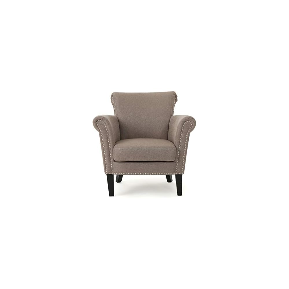 Brice Vintage Scroll Arm Studded Fabric Club Chair, Light Coffee / Dark Brown, 31D x 29.5W x 31.5H in
