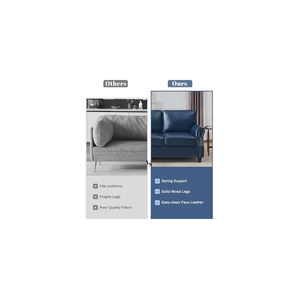 Faux Leather Sofa, Mid Century Modern Couch with Rolled Arm & Nailhead Trim for Living Room, Office - Blue