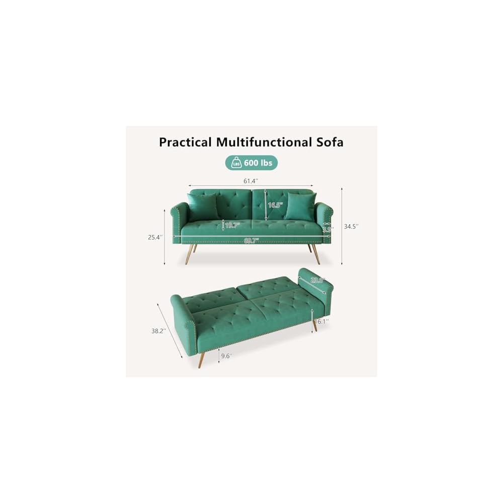 Modern 70" Velvet Sofa Bed Futon,Convertible Sleeper Couch with Adjustable Backrest, Split Back Loveseat with Golden Chrome Legs & 2 Pillows for Small Spaces,Living Room, Apartment (Green)