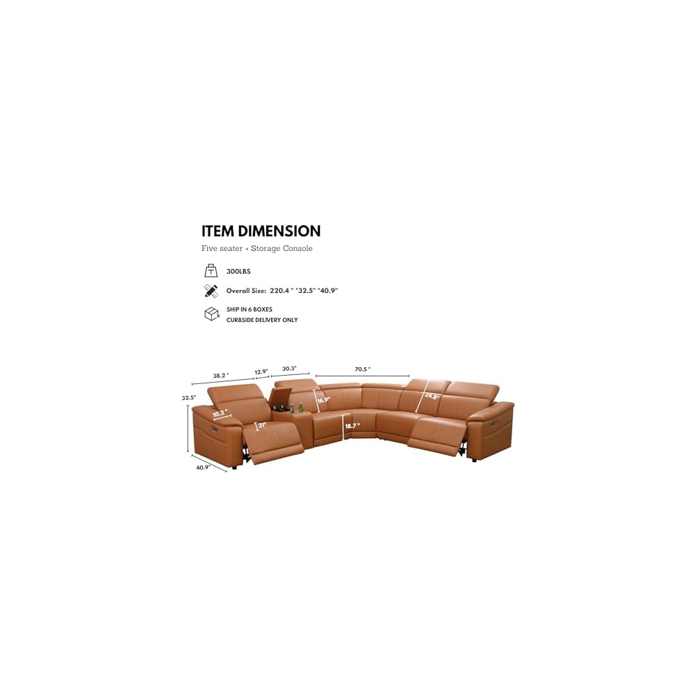 Breathing Leather Recliner Sectional Sofa, 5-Seat Power Reclining Sectional Couch with Adjustable Headrest&Storage Console, L Shaped Leather Couch for Living Room (Light Brown)