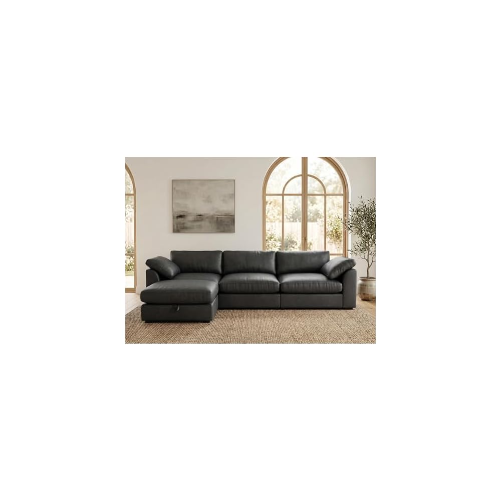 120" Oversized Cloud Modular Sectional Sofa for Living Room, L Shaped Cloud Couch with Storage Ottoman, Premium Faux Leather Sofa, Down-Filled Wide Deep Seat, Tool Free Assembly, Black
