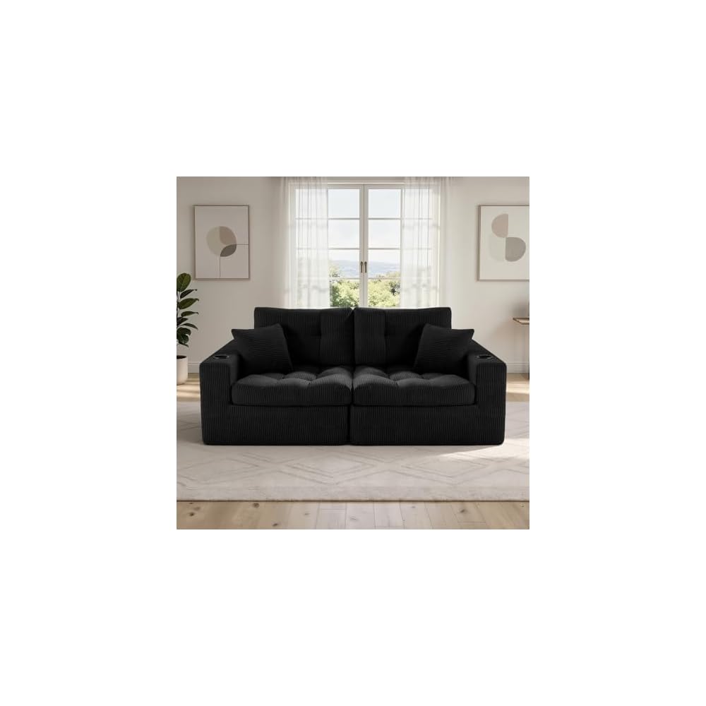 80" Boneless Loveseat Sofa, Cloud Couch with Layered Cushion, Small Couch Compressed Foam Sofa for Living Room, Apartment, Office, Black Corduroy