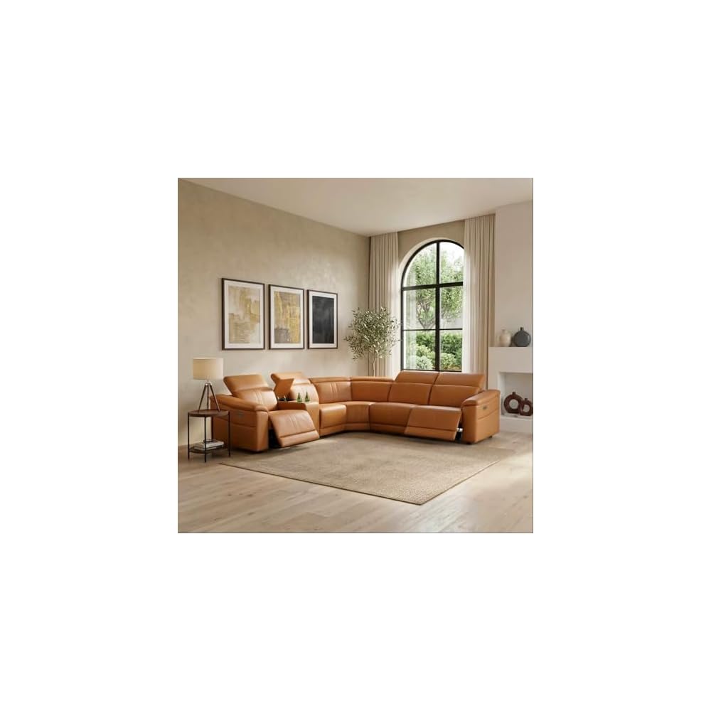 Breathing Leather Recliner Sectional Sofa, 5-Seat Power Reclining Sectional Couch with Adjustable Headrest&Storage Console, L Shaped Leather Couch for Living Room (Light Brown)