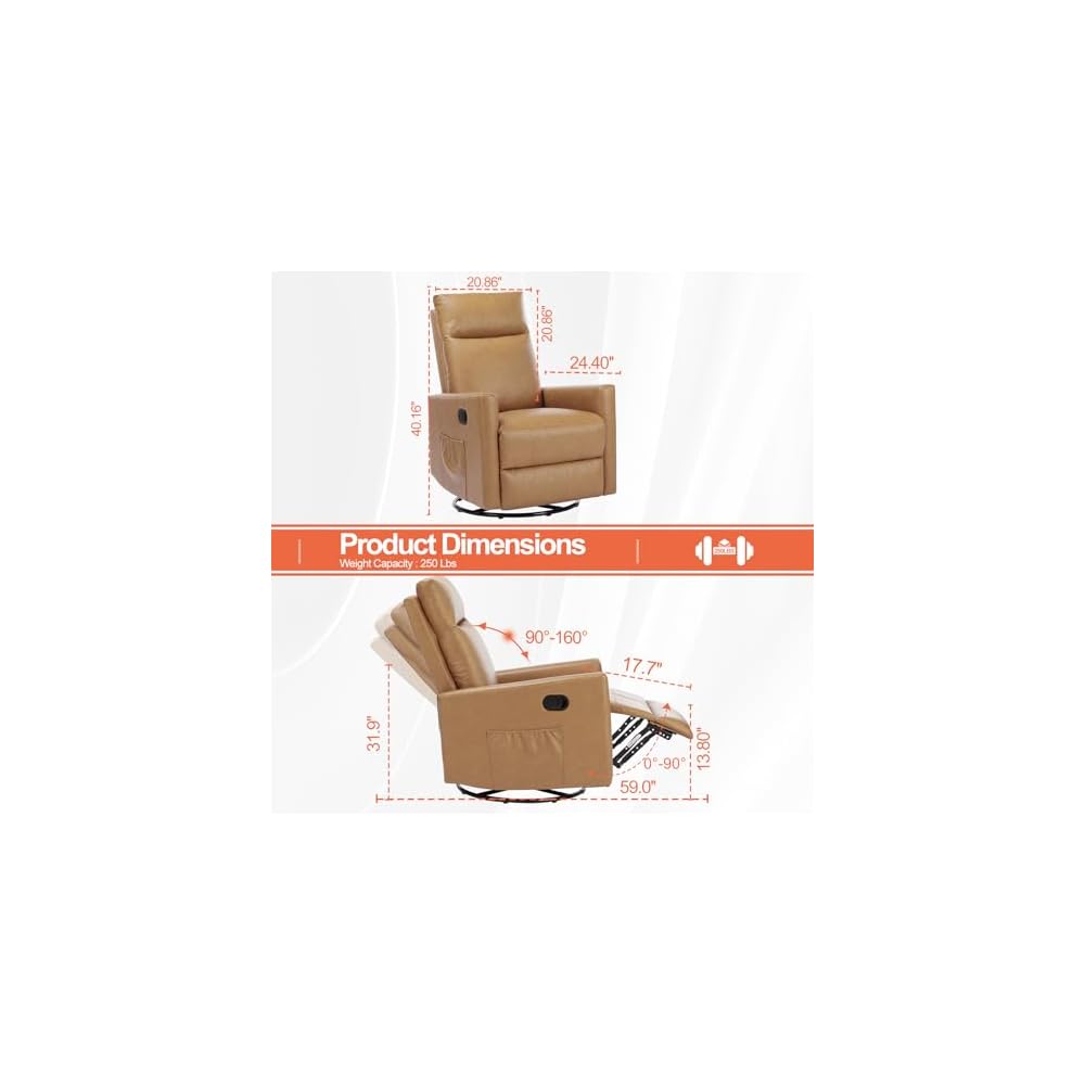 Recliner Chair, 360 Swivel Rocker Chair for Adults, Glider Rocker Recliners, Nursery Chairs for Living Room, High Back, Upholstered Deep Seat, Classical Brown