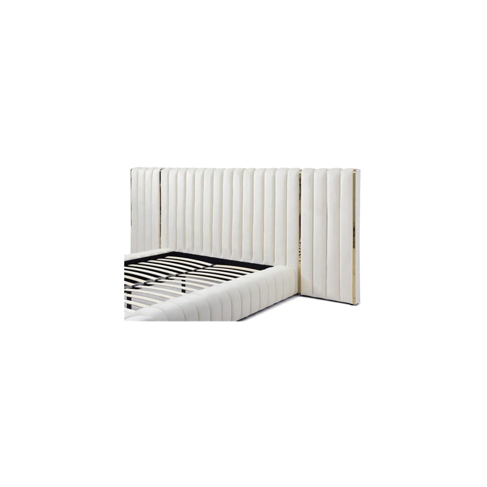 King Platform Bed, 96.5” x 146” x 60”, Velvet Upholstered in Cream, Winged Headboard with Vertical Piping, Low-Profile Design, Sturdy Frame, Luxurious Bedroom Centerpiece