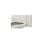 King Platform Bed, 96.5” x 146” x 60”, Velvet Upholstered in Cream, Winged Headboard with Vertical Piping, Low-Profile Design, Sturdy Frame, Luxurious Bedroom Centerpiece