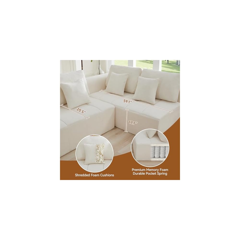 170''Modular Sectional Couches for Living Room, Cloud Boneless Compressed Sectional Sofa, Oversized L Shaped 7 Seater Upholstered Memory Foam Sofa, No Assembly, Chenille Beige