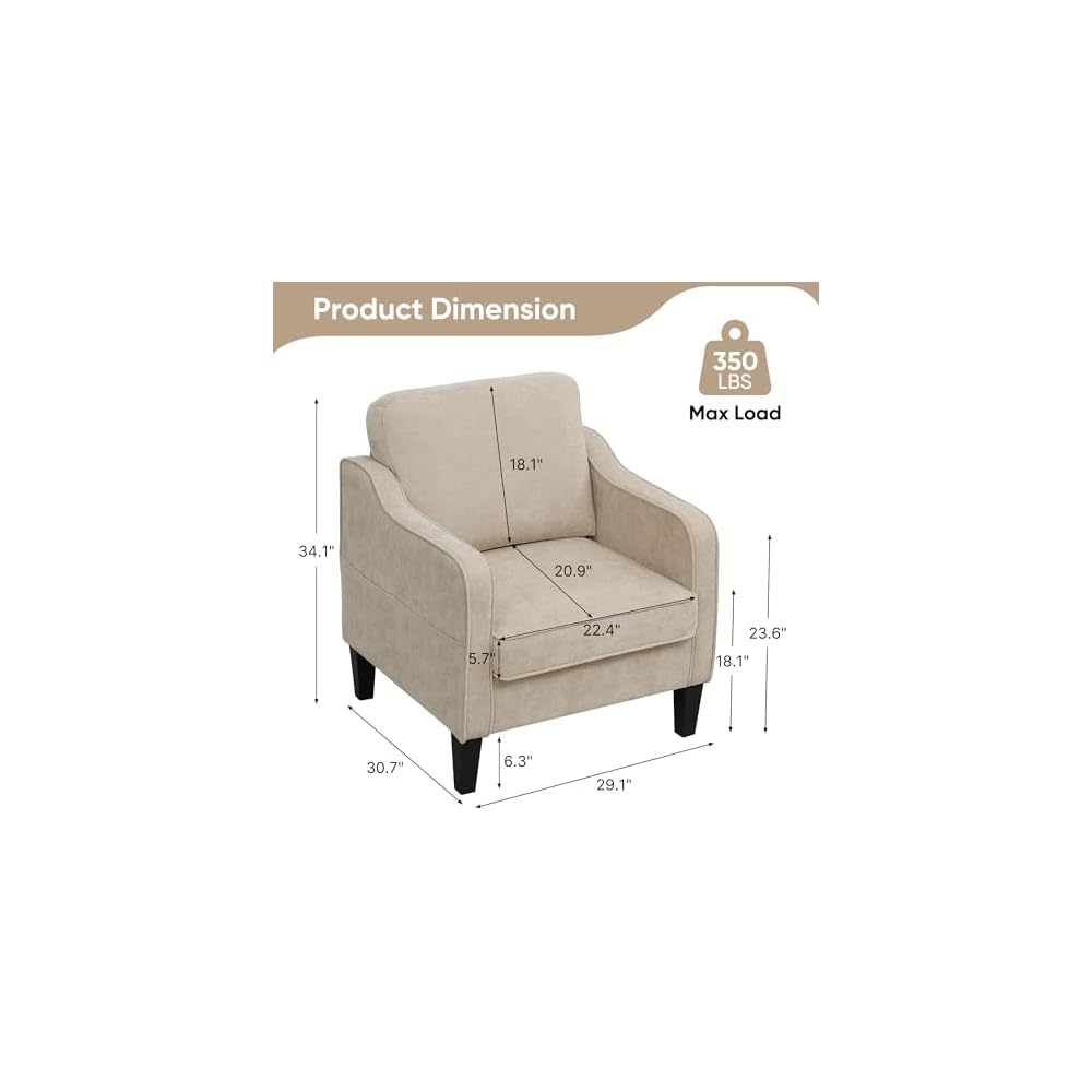 Accent Chair for Living Room, Mid Century Modern Reading Chair for Bedroom, Upholstered Armchair with Side Pockets, Comfy Single Sofa Side Chair for Office, Apartment, Small Room, Light Brow