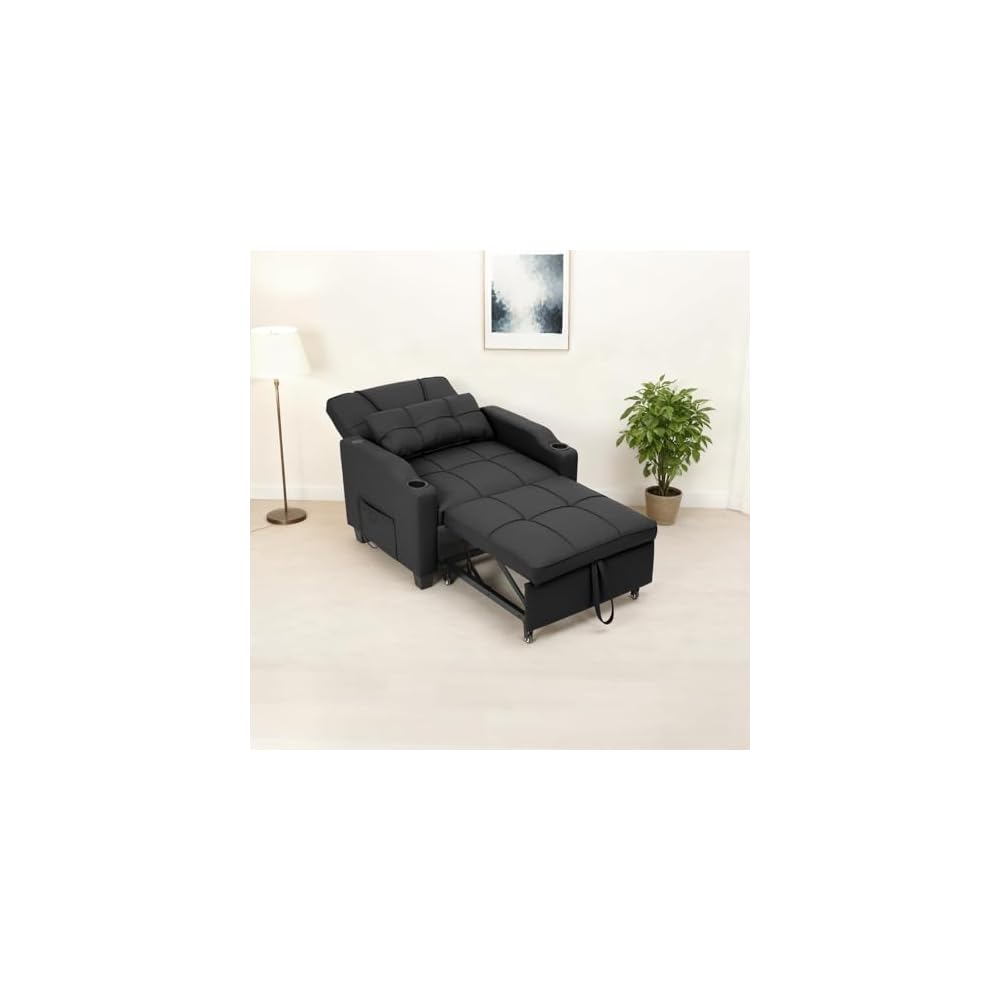 4 in 1 Convertible Sleeper Chair Bed with Vibration Massage Lumbar Pillow, Single Sofa Recliner Featuring USB/Type-C Port, Cup Holders & Side Pocket, Space-Saving Pull Out Bed for Small Spaces, Black