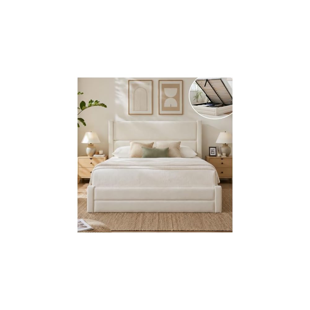 Full Size Lift Up Storage Bed Frame, Velvet-Look Upholstered Platform Bed with Clean-Lined Headboard, Hydraulic Lift, No Box Spring Needed, Cream White