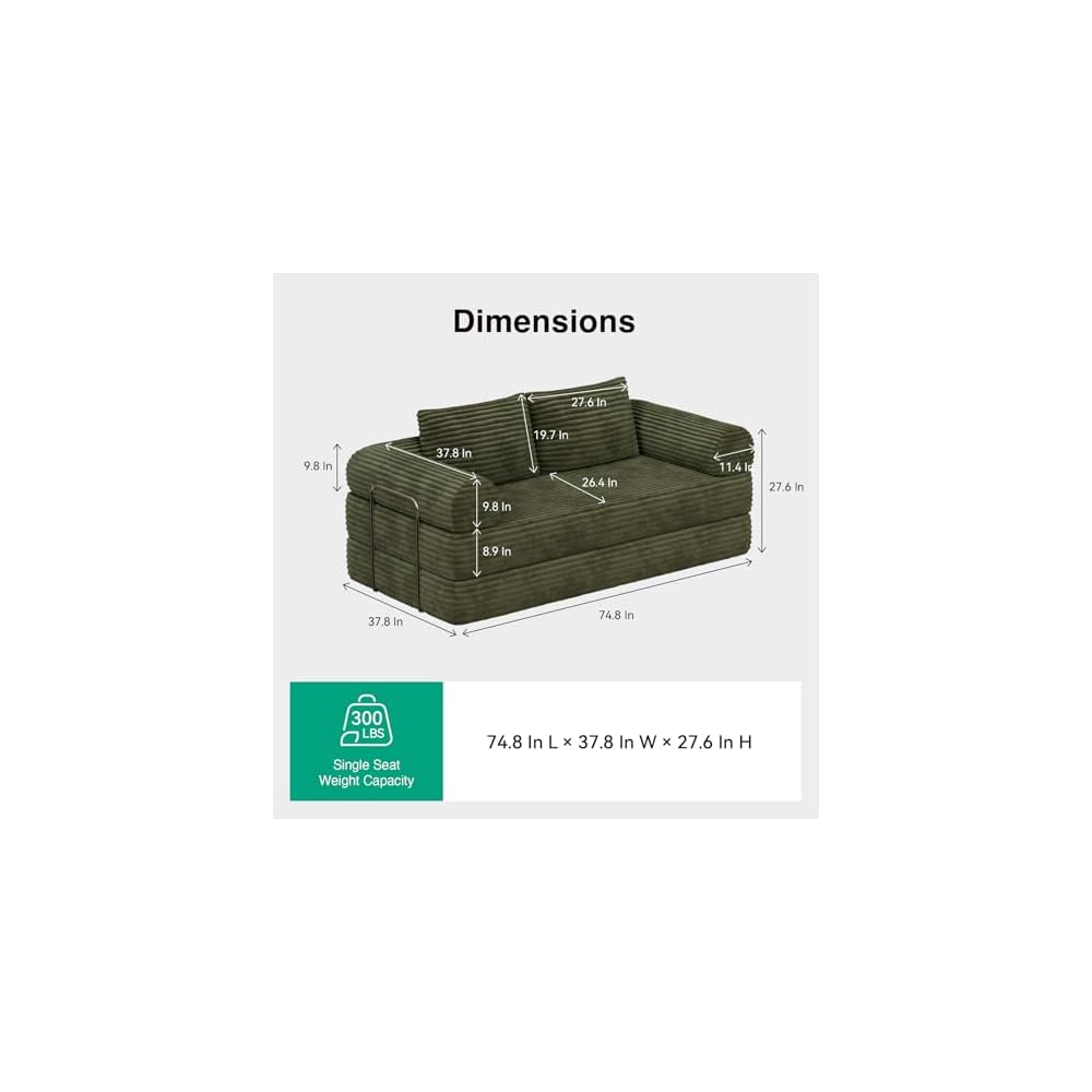 75" Convertible Futon Sofa Bed, Boneless Couch with Smarts Coil® Support & High-Density Foam, No Assembly Corduroy Folding Loveseat Floor Sleeper for Living Room, Apartment, Bedroom, Green
