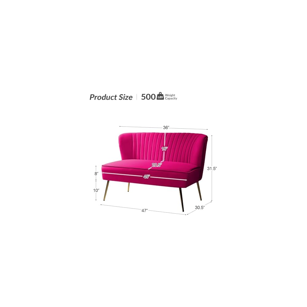Contemporary Velvet Loveseat Sofa, Upholstered Loveseat Couch with Golden Metal Legs, Small Tufted 2-Seat Sofa Armless Love Seat for Living Room, Bedroom, Apartment Small Spaces, Fuchsia