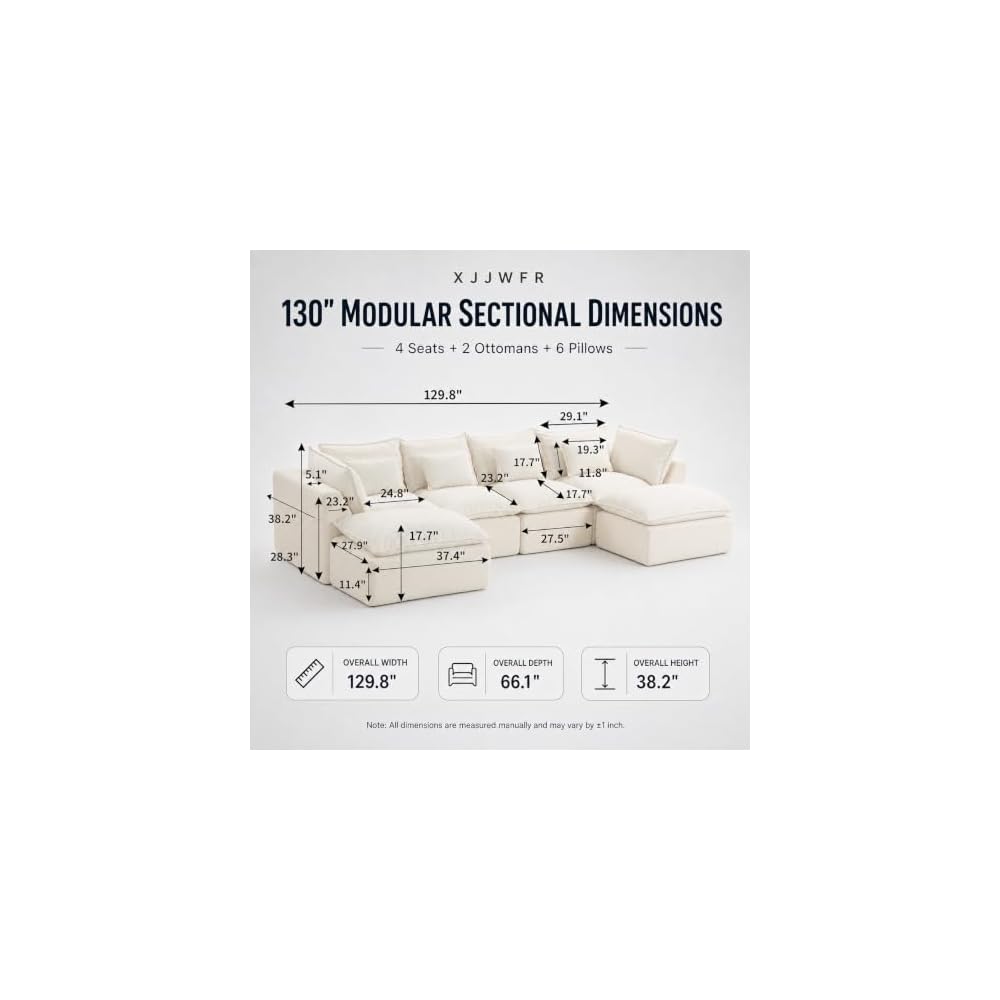 130 Inch Boneless Cloud Couch with 2 Ottomans, Compressed 4 Seat Modular Sectional Sofa, Fully Foam Couch for Large Living Room, Waffle Knit Fabric, No Hard Frame Sofa with 6 Pillows, White