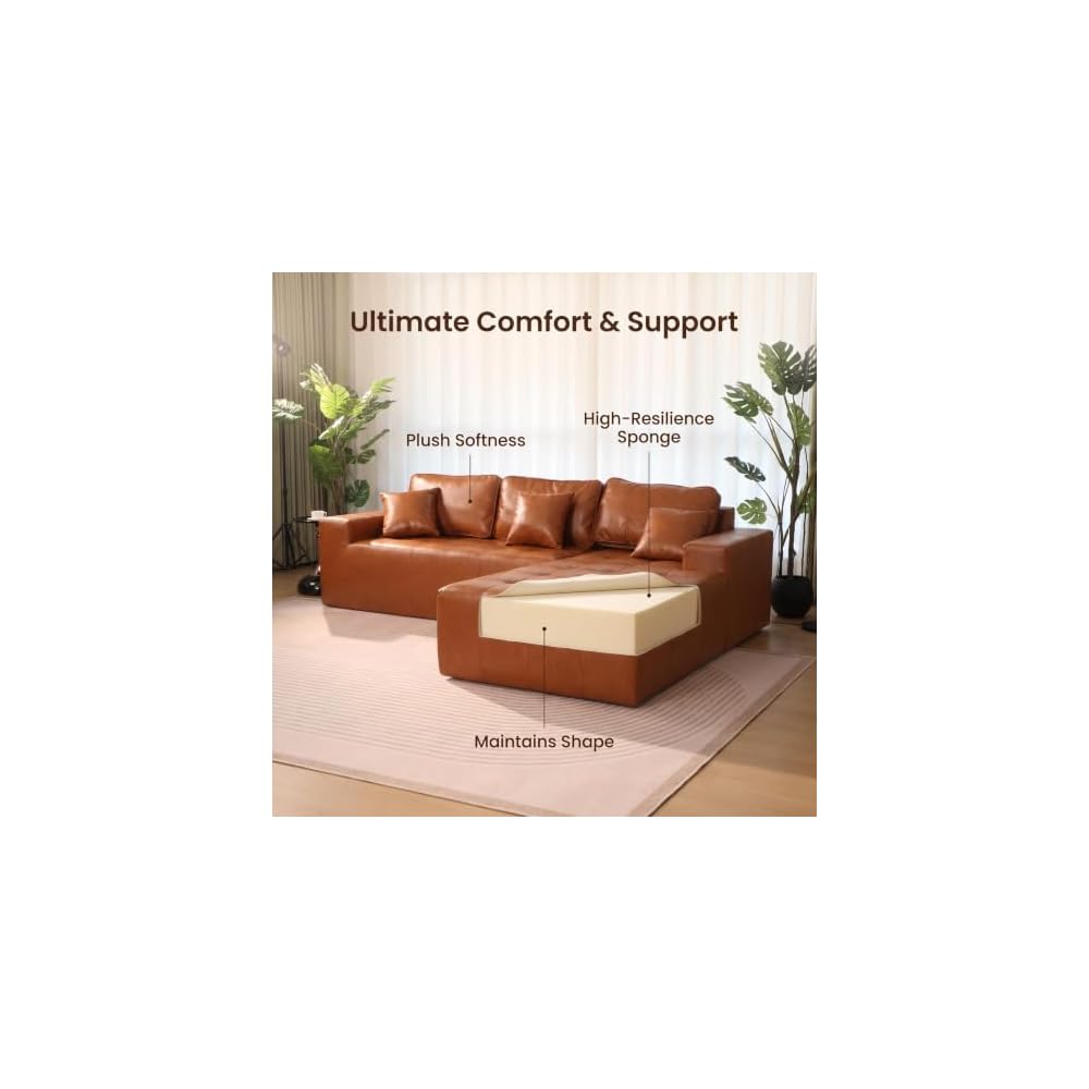 L Shaped Sectional Sofa, Faux Leather Chaise Couch for Living Room