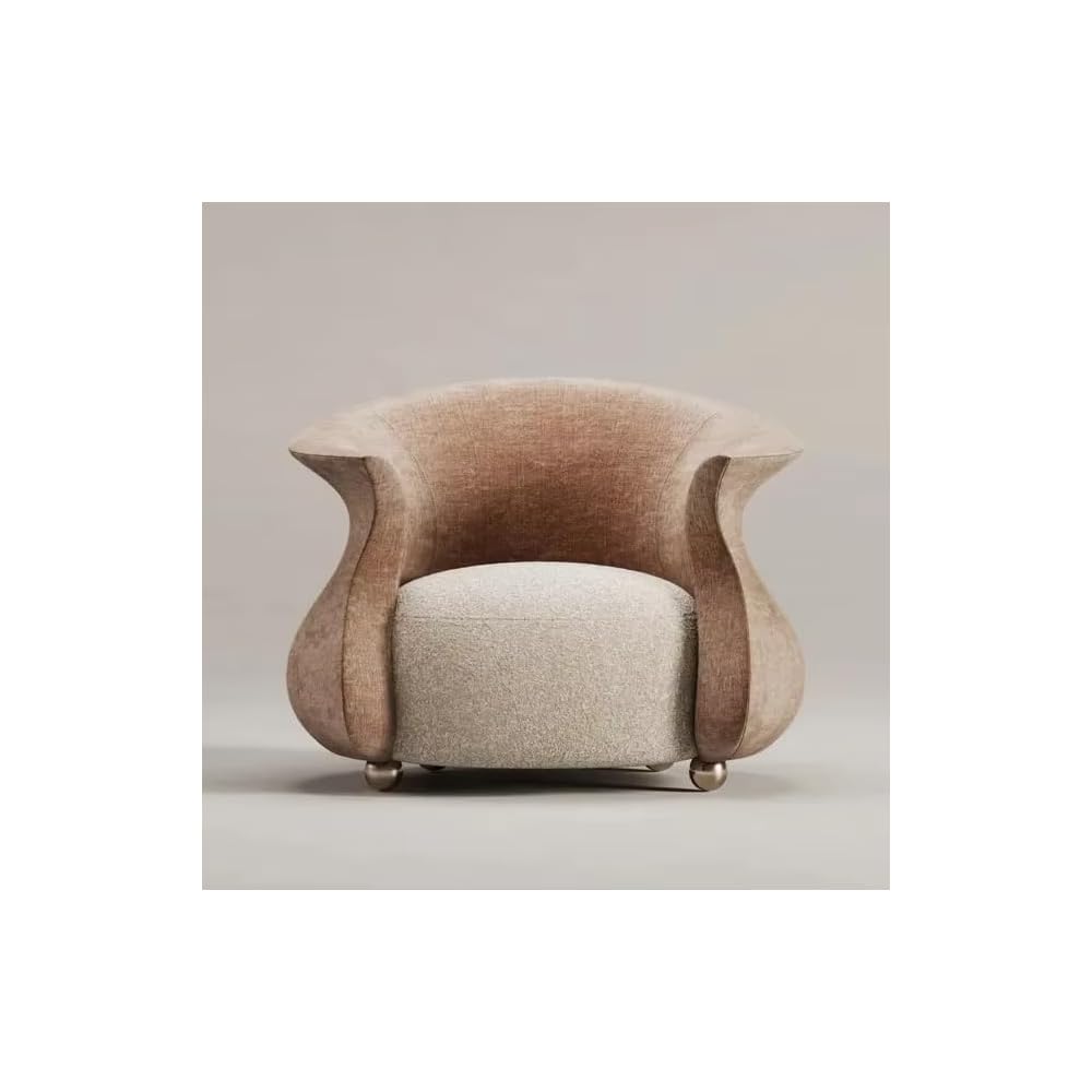 Beige Curved Accent Chair with Sculptural Arms and Cushioned Seat