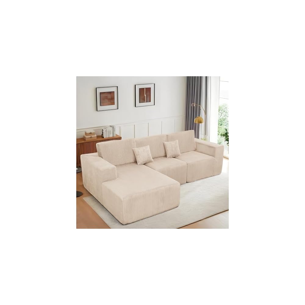 Boneless Couches for Living Room L-Shape Chaise Cloud Couch Modular Sectional 3 Pieces Deep Seat 111" Compressed Couches for Living Room Bedroom with Plush Corduroy Fabric No Assembly Required, Khaki