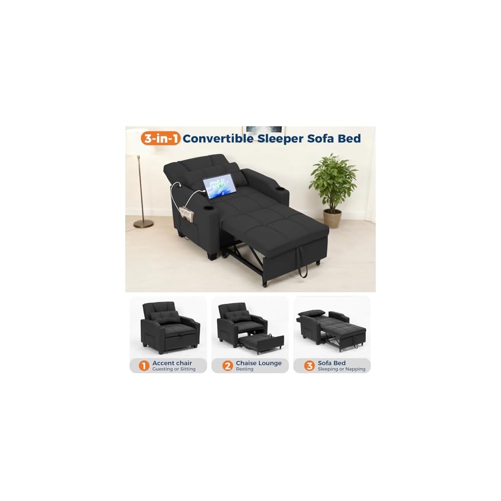 4 in 1 Convertible Sleeper Chair Bed with Vibration Massage Lumbar Pillow, Single Sofa Recliner Featuring USB/Type-C Port, Cup Holders & Side Pocket, Space-Saving Pull Out Bed for Small Spaces, Black