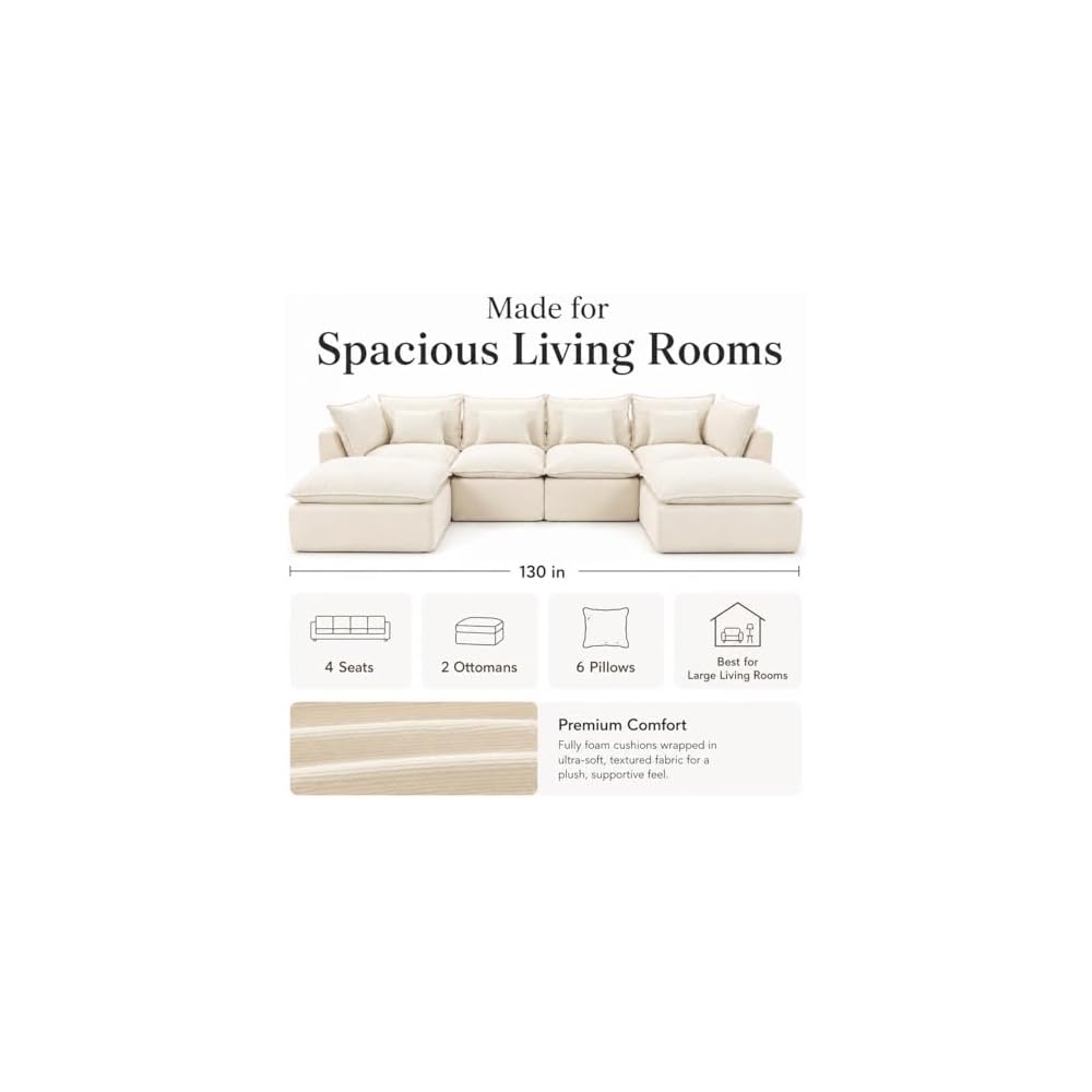 130 Inch Boneless Cloud Couch with 2 Ottomans, Compressed 4 Seat Modular Sectional Sofa, Fully Foam Couch for Large Living Room, Waffle Knit Fabric, No Hard Frame Sofa with 6 Pillows, White