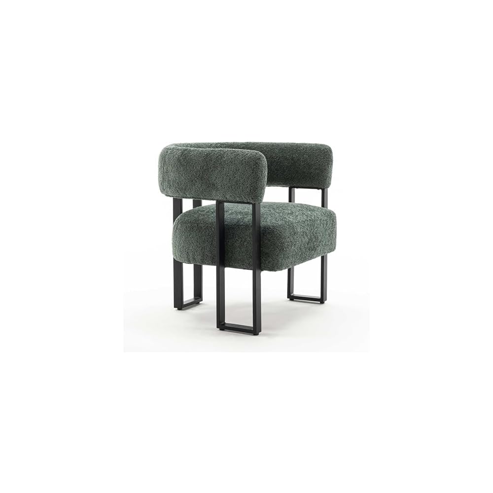 Accent Chair Grey Upholstered Teddy Velvet Single Sofa Modern Corner Round Padded Armrest Club Boucle Armchair for Living Room Bedroom Office Hotel Lounge Nursery Apartment Black Metal Stand