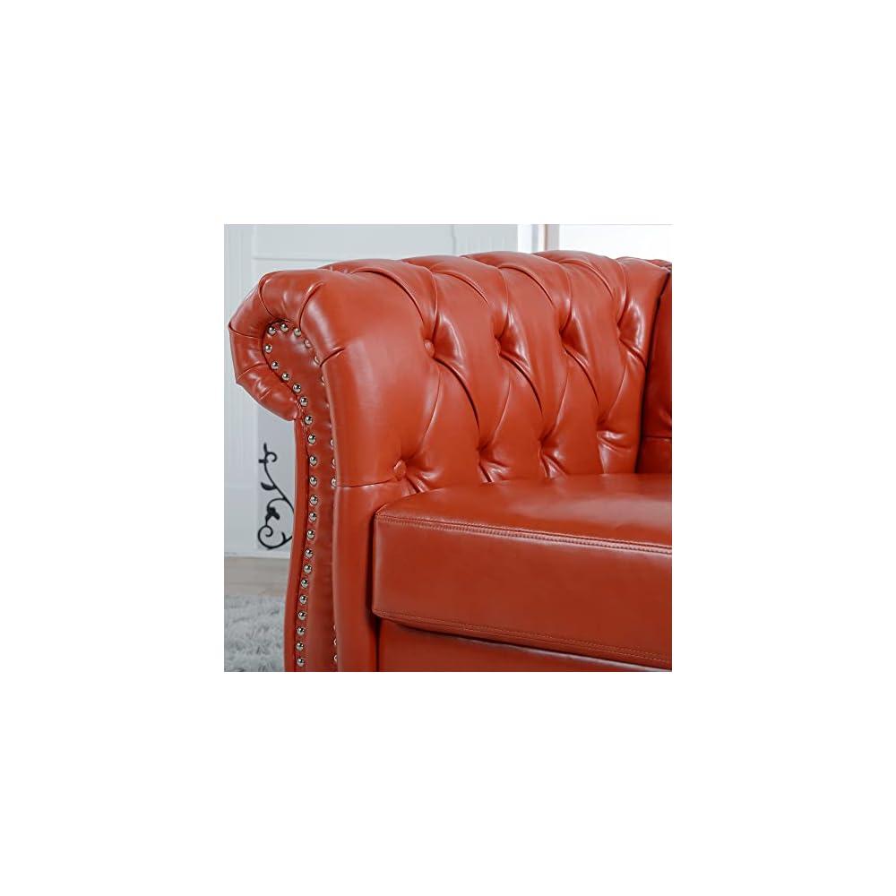 39" Chesterfield Tufted Sofa Chair, Midcentury Modern 1 Seater Couch with Deep Seat Cushions, Accent Strip, Rolled Arms & Solid Wood Legs, PU Leather Accent Sofa for Living Room, Orange
