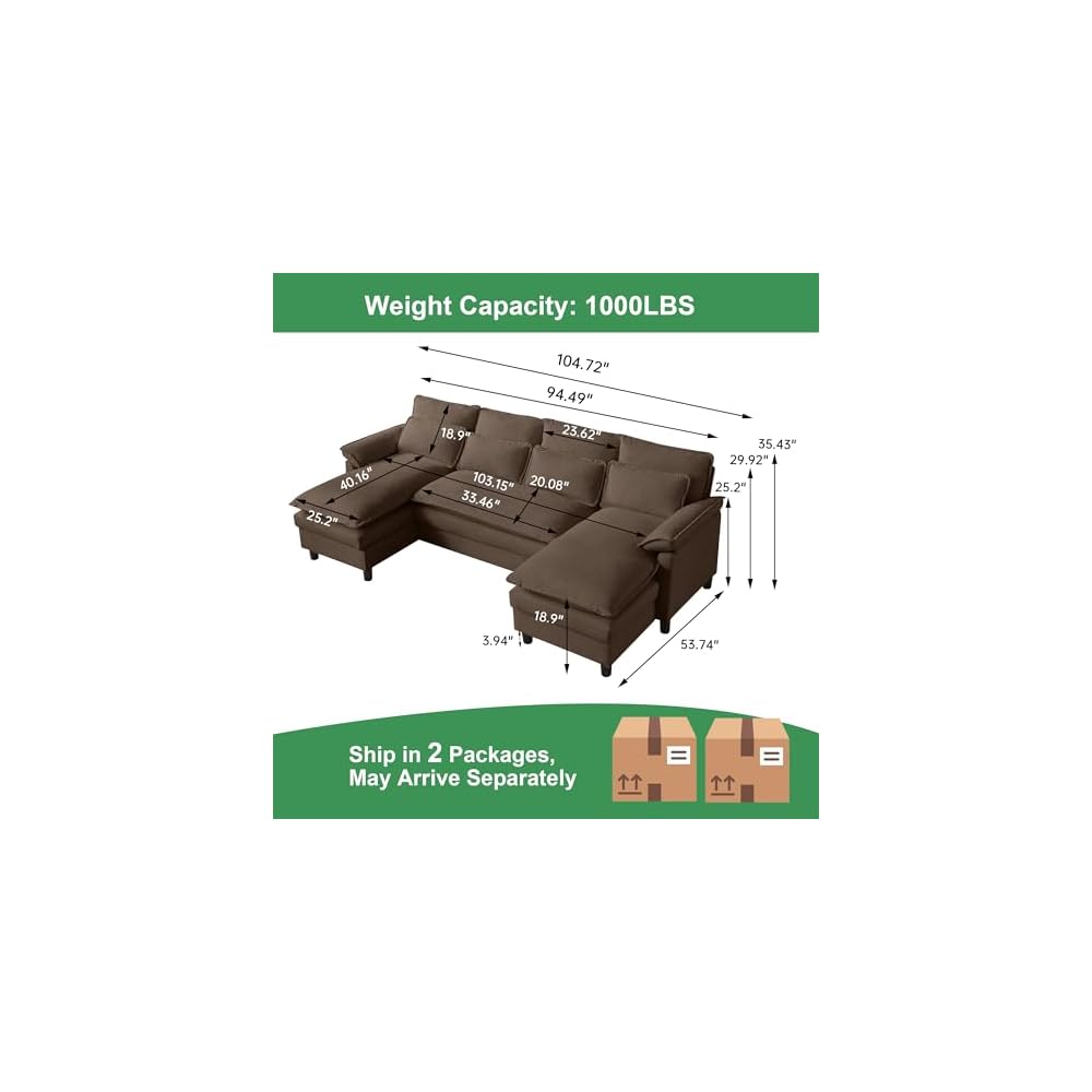 104" U Shape Cloud Couch, Convertible Sectional Sofa, Comfy Couches with Double Chaise and Sleepable Armrests, 4 Seats Sectional Sofa for Living Room, Coffee