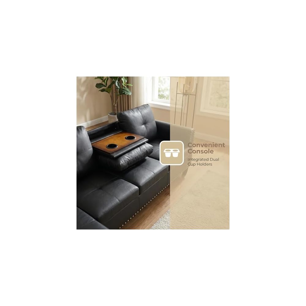 Leather 3-Piece L-Shaped Couches for Living Room, Sectional Sofa with Storage Ottoman & Movable Chaise, Modular Convertible Couch for Bedroom & Apartment, Midnight Black