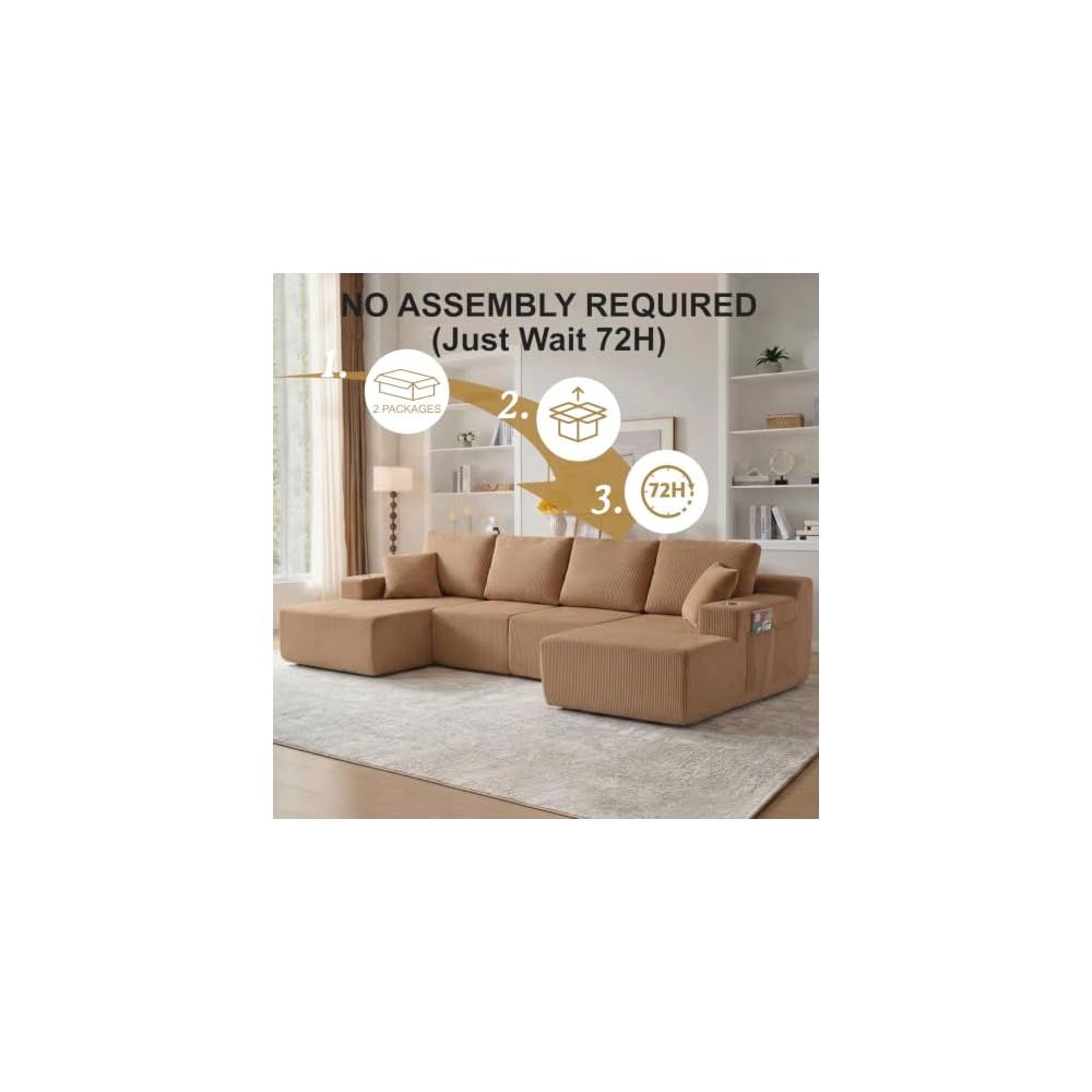 130-Inch Oversized U-Shaped Modular Cloud Sectional Sofa Symmetrical Boneless Corner Sofa Couch Deep Seat Double Chaises W/Cupholders, Modern Modular Compressed Cloud Couch