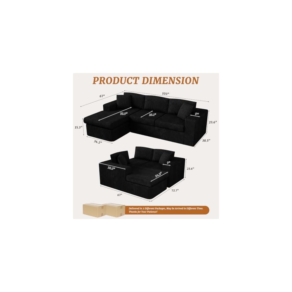 103" Boneless Couch, L Shaped Modular Sectional Sofa with Deep Seat, Cloud Foam Couch with Oversized Chaise Lounge, No Assembly Required Plush Corduroy Living Room Furniture, Black