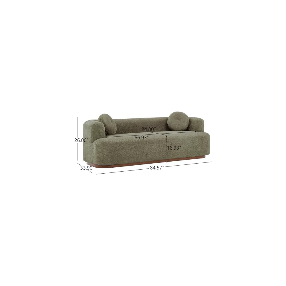 3 Seater Upholstered Sofa, Compression Couch with Solid Rubber Wood Base, Deep Seat Sofa with Accent Pillows, Modern Fabric Couch for Living Room or Apartment, Olive Green