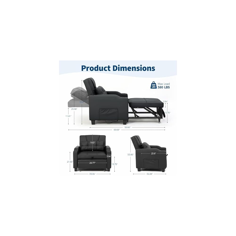 4 in 1 Convertible Sleeper Chair Bed with Vibration Massage Lumbar Pillow, Single Sofa Recliner Featuring USB/Type-C Port, Cup Holders & Side Pocket, Space-Saving Pull Out Bed for Small Spaces, Black