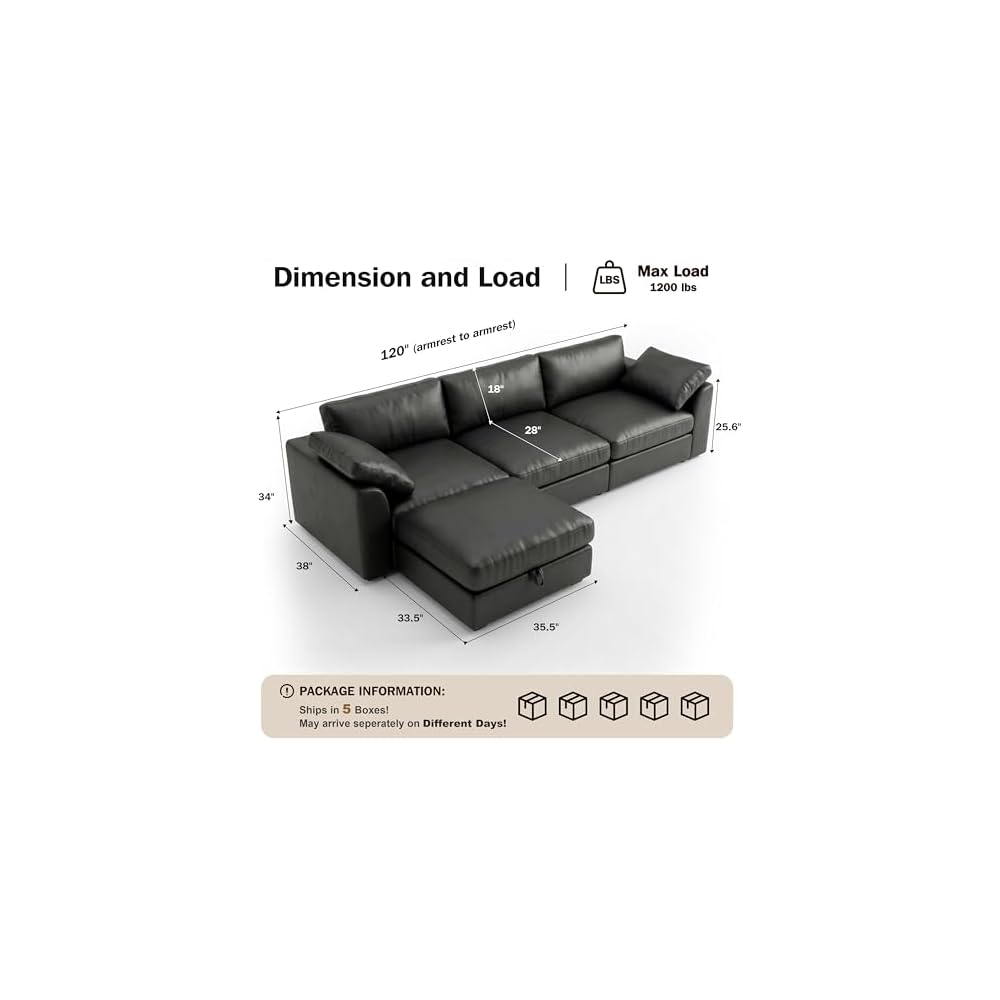 120" Oversized Cloud Modular Sectional Sofa for Living Room, L Shaped Cloud Couch with Storage Ottoman, Premium Faux Leather Sofa, Down-Filled Wide Deep Seat, Tool Free Assembly, Black