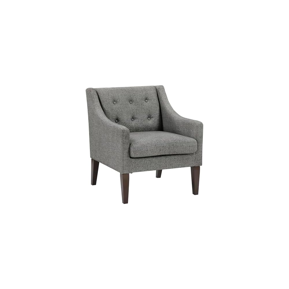 Living Room Accent Chair, Textured Fabric Upholstered Arm Chair with Button Tufted Back, Sloped Arms and Wooden Legs, Dark Gray